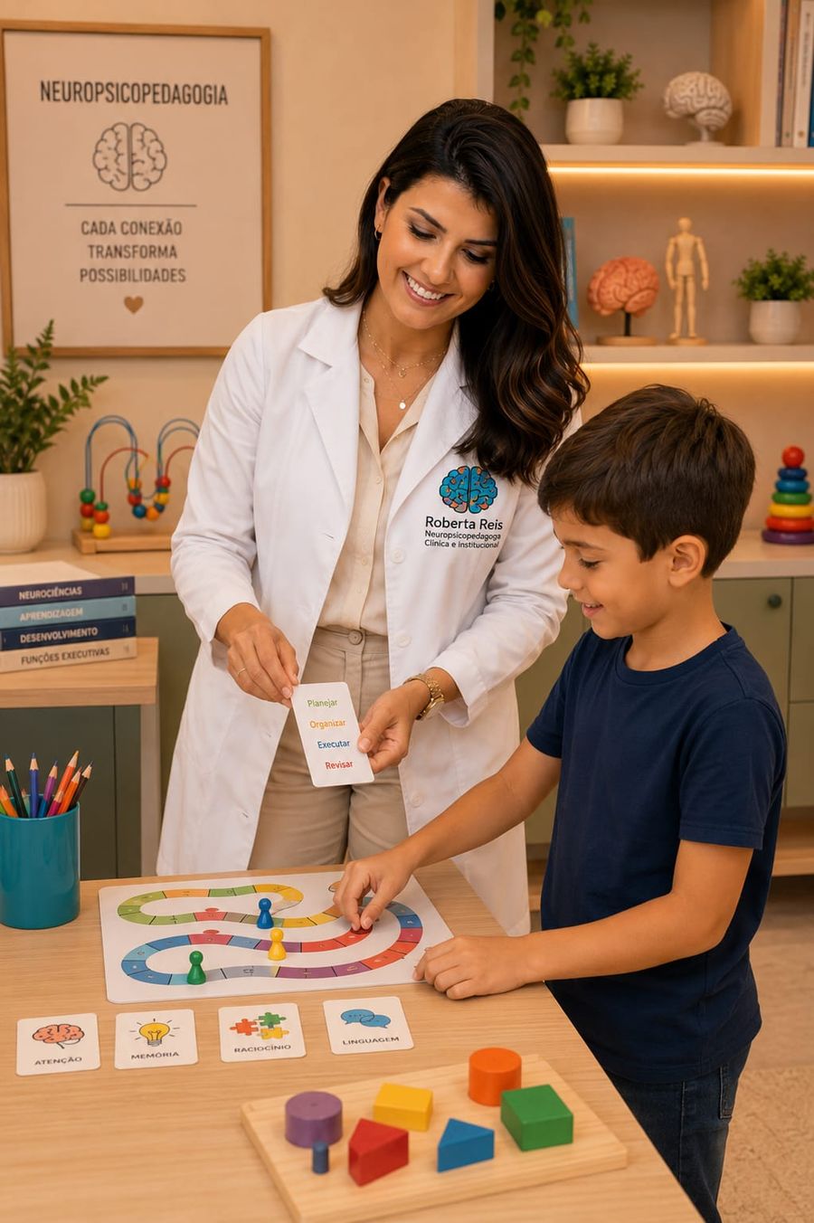 Roberta Reis, neuropsicopedagoga de jaleco, brincando com um menino num jogo de tabuleiro com cartas de atenção, memória, raciocínio e linguagem