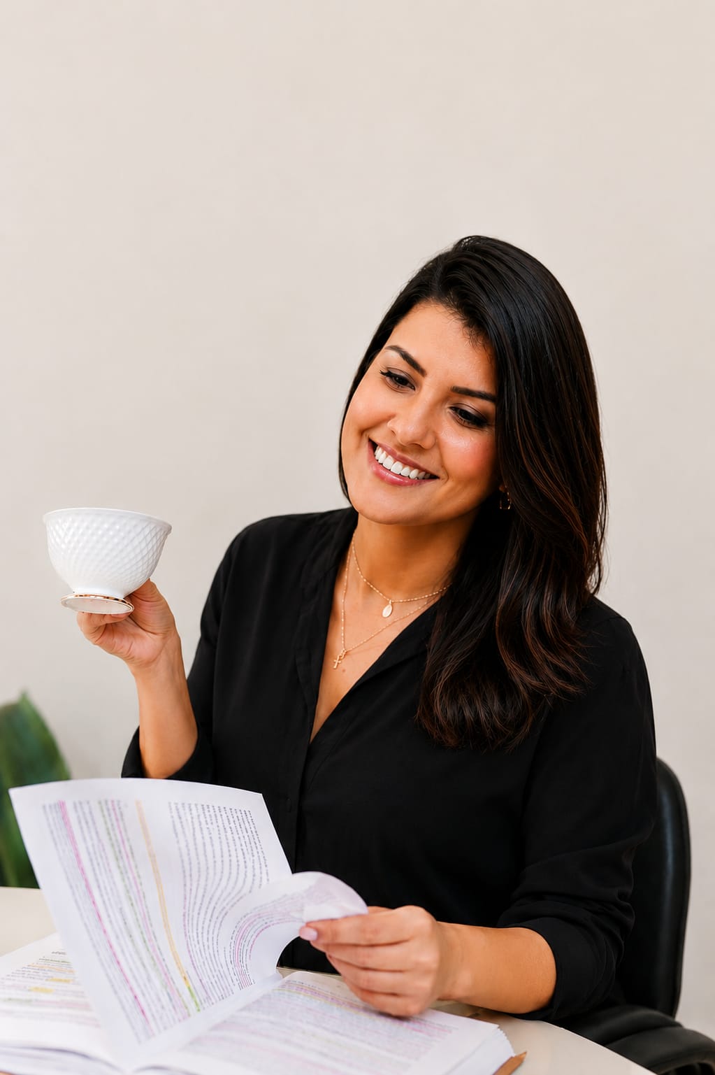 Roberta Reis estudando com uma xícara de café